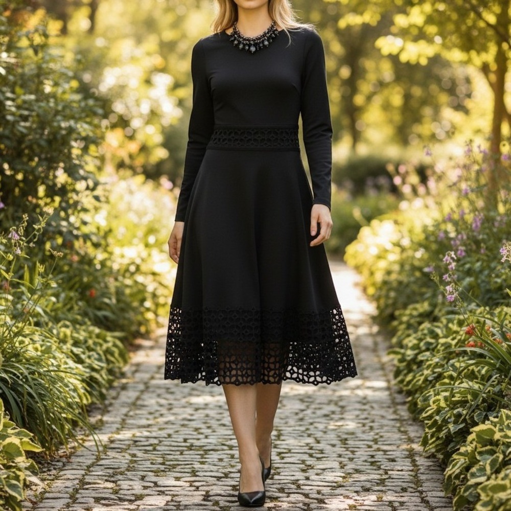Lela Rose Dress Size 16 Black Lace Cutout Waist Hem Long Sleeve A-Line Midi 3770